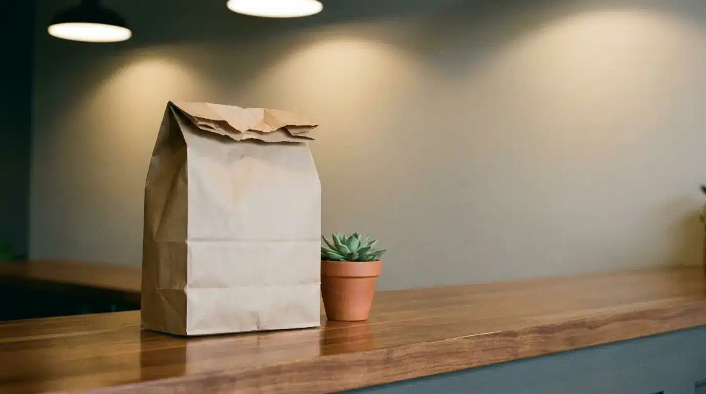 Brown paper bag and small potted plant on wooden counter in softly lit room