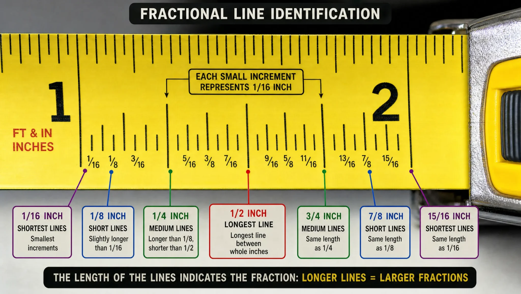 Tape measure infographic showing 1/16, 1/8, 1/4, 1/2, 3/4, 7/8, and 15/16-inch fractional line markings.