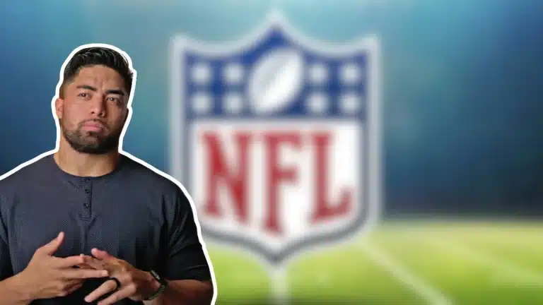 Manti Te’o pictured beside an NFL logo representing his football career and net worth.
