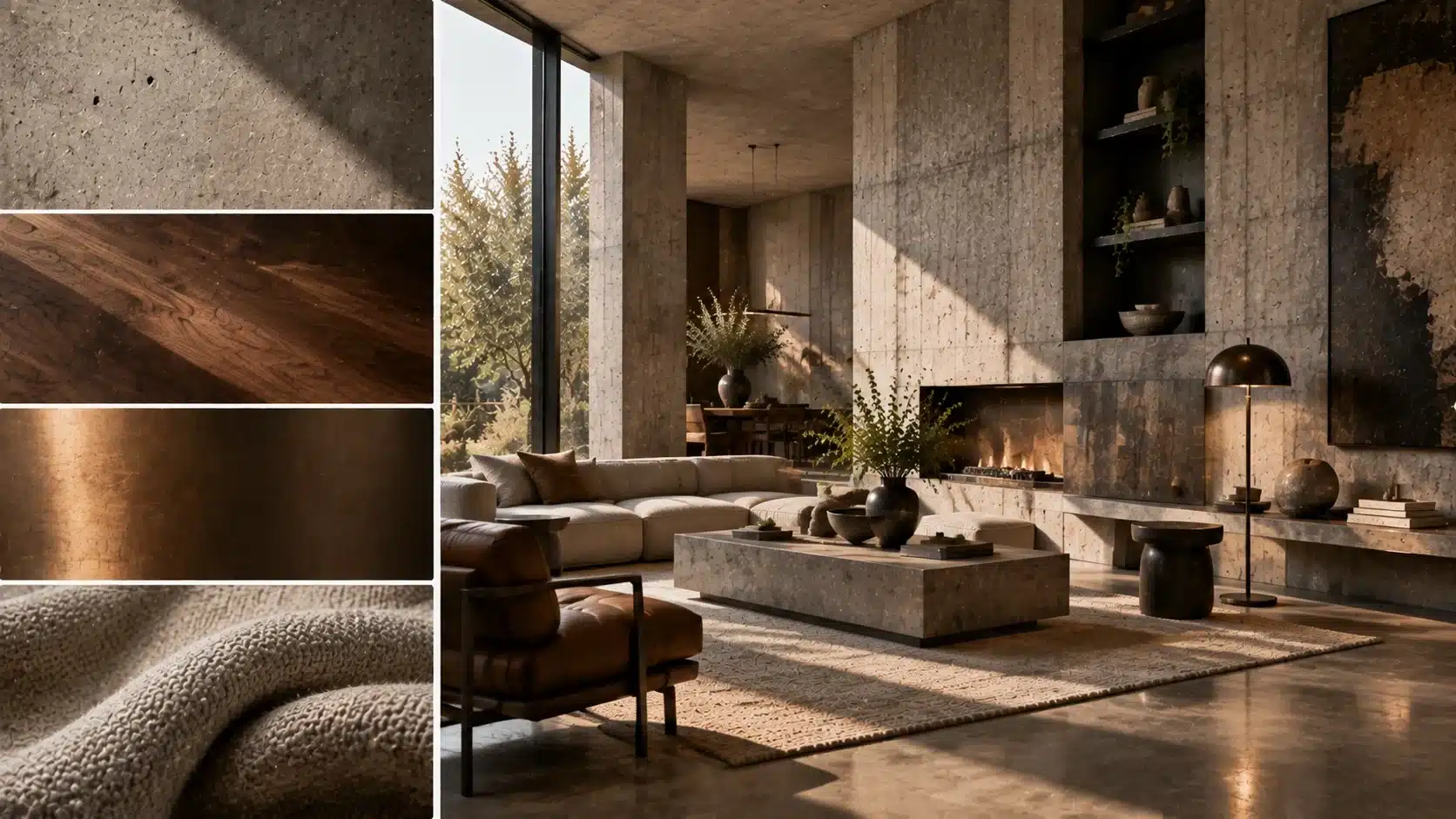 Matte finishes in a brutalist interior with textured walls, honed stone, brushed metal, and natural wood surfaces
