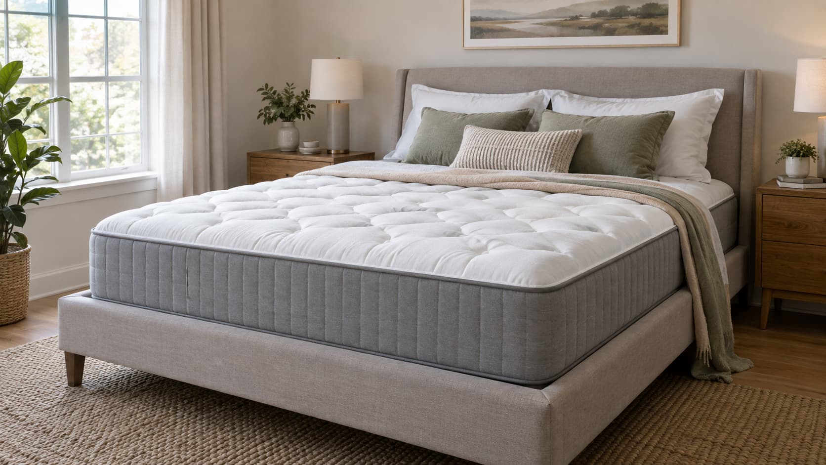 Memory foam mattress on a modern bed in a softly lit bedroom with neutral decor and layered bedding