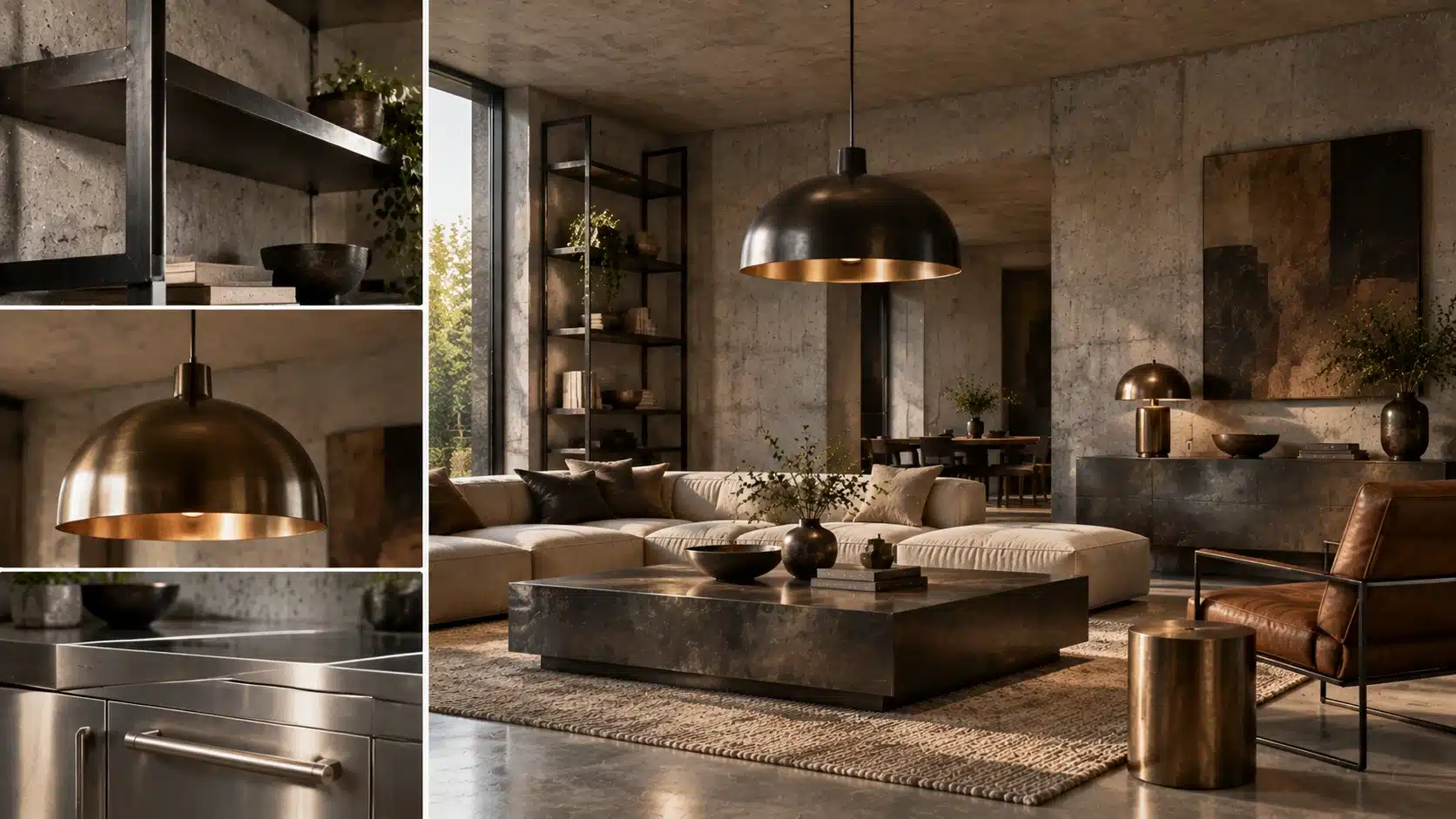Brutalist interior with blackened steel shelves, brass lighting, bronze accents, and stainless steel details against concrete surfaces