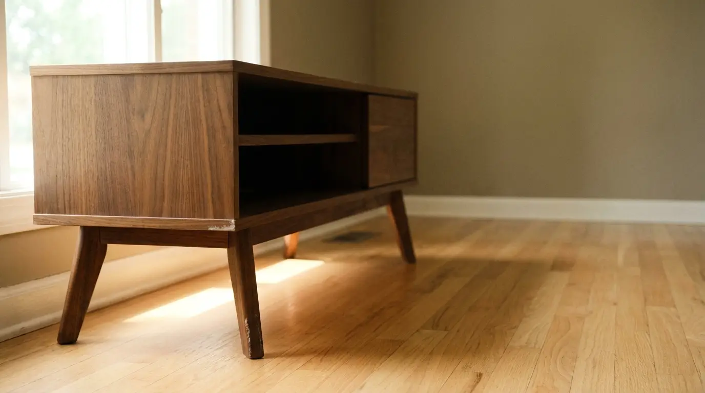 Mid-century modern wooden console table in sunlit room with hardwood floors