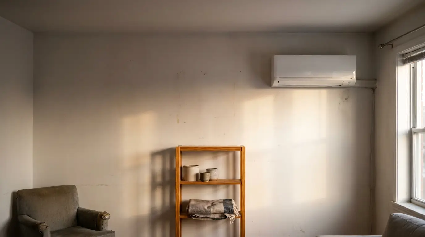 Minimalist room with wooden shelf, ceramic jars, blanket, and wall-mounted air conditioner