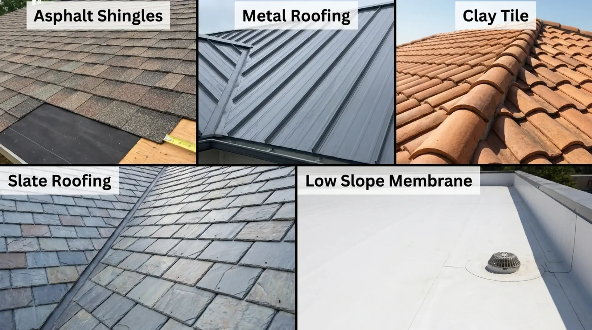 Roof pitch requirements for asphalt shingles, metal, tile, slate, and membrane roofing materials.