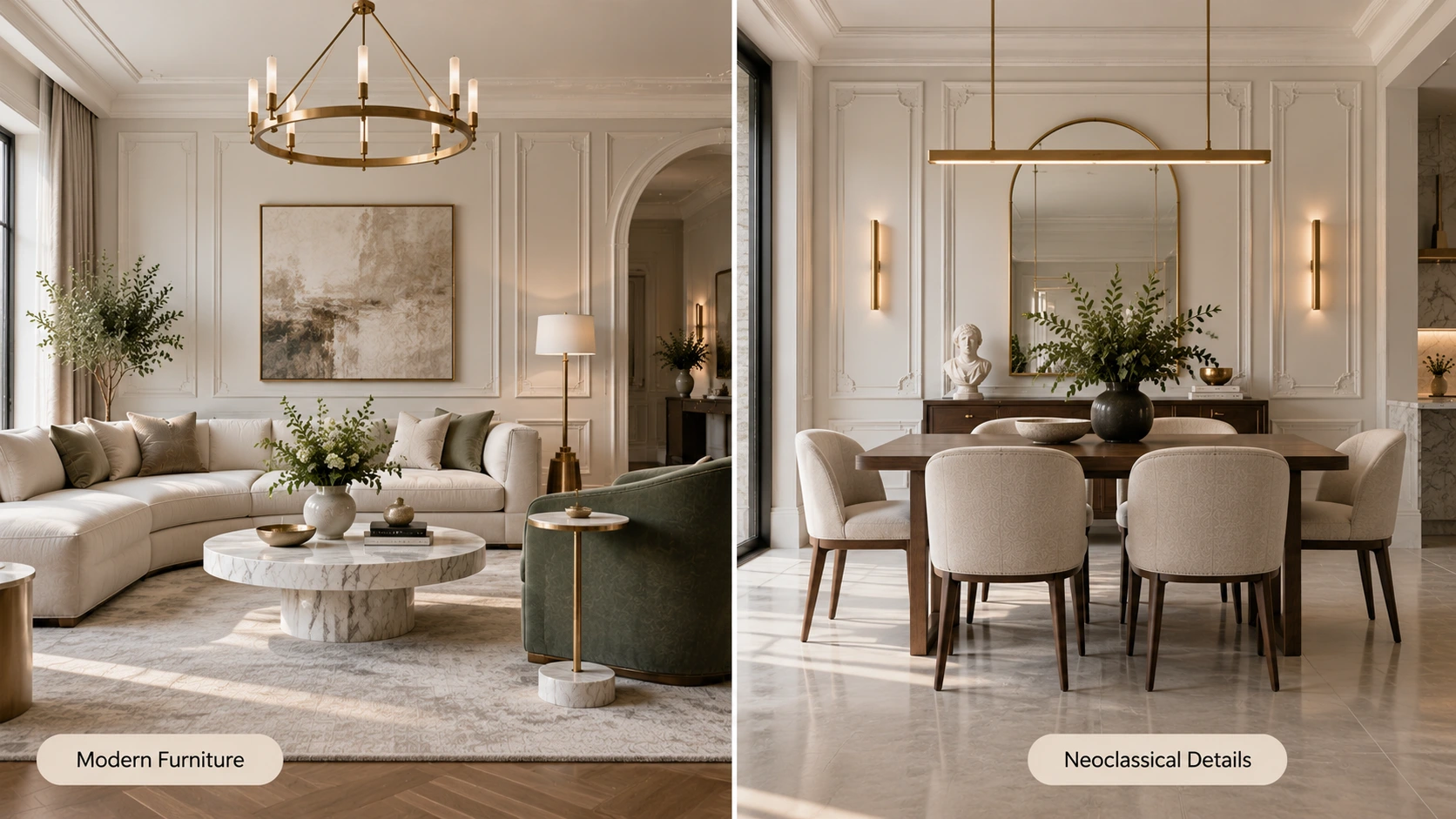 Modern neoclassical interior with slim molding, contemporary furniture, neutral colors, mirrors, and balanced classical details.