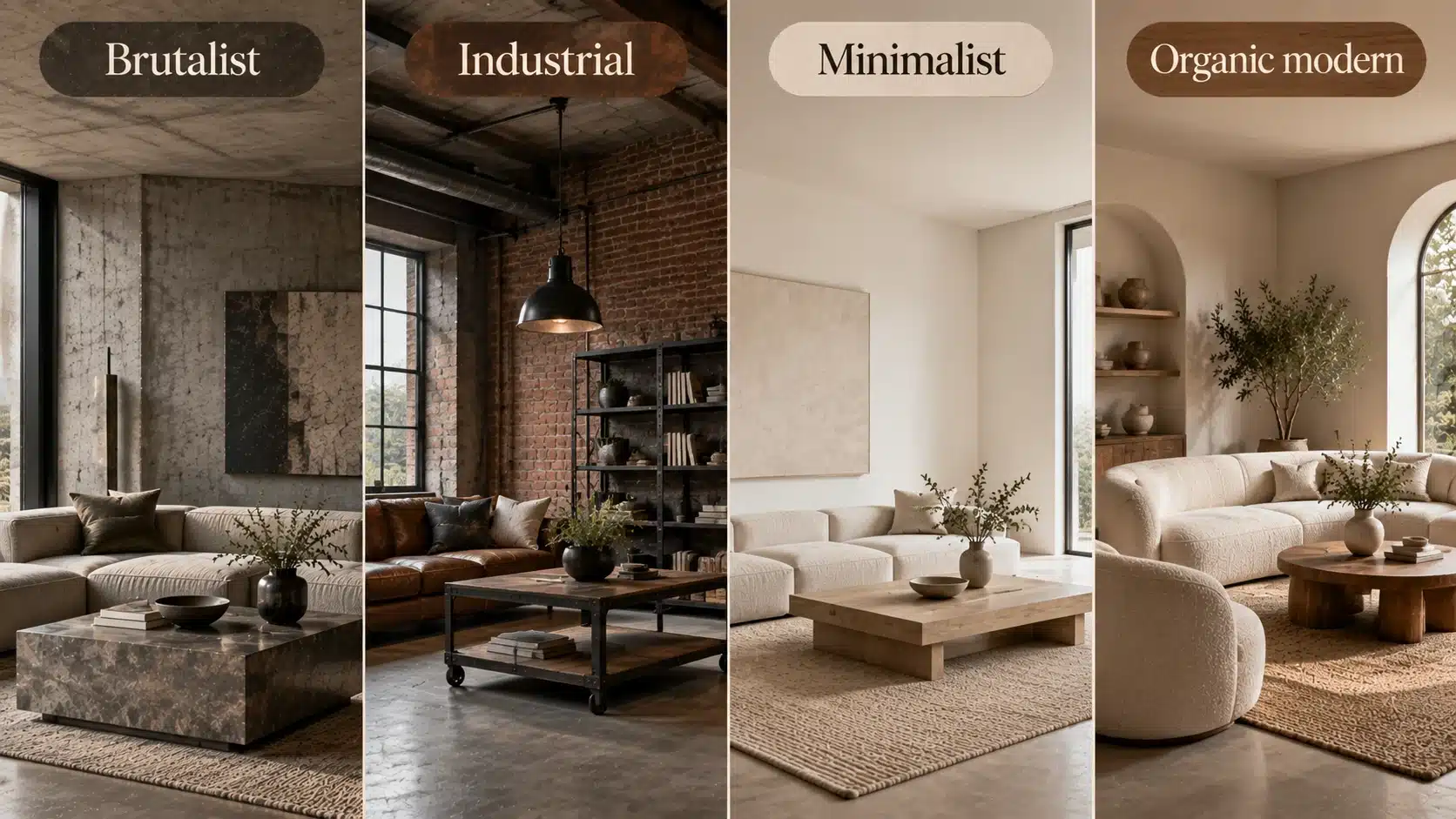 Four panel comparison of brutalist, industrial, minimalist, and organic modern interior design styles with unique materials and layouts