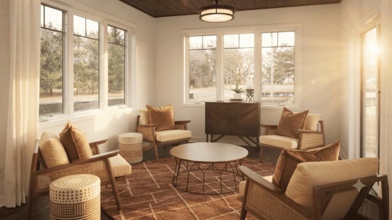 Bright morning room with large windows, comfortable chairs, round table, rug, and natural light creating a welcoming space