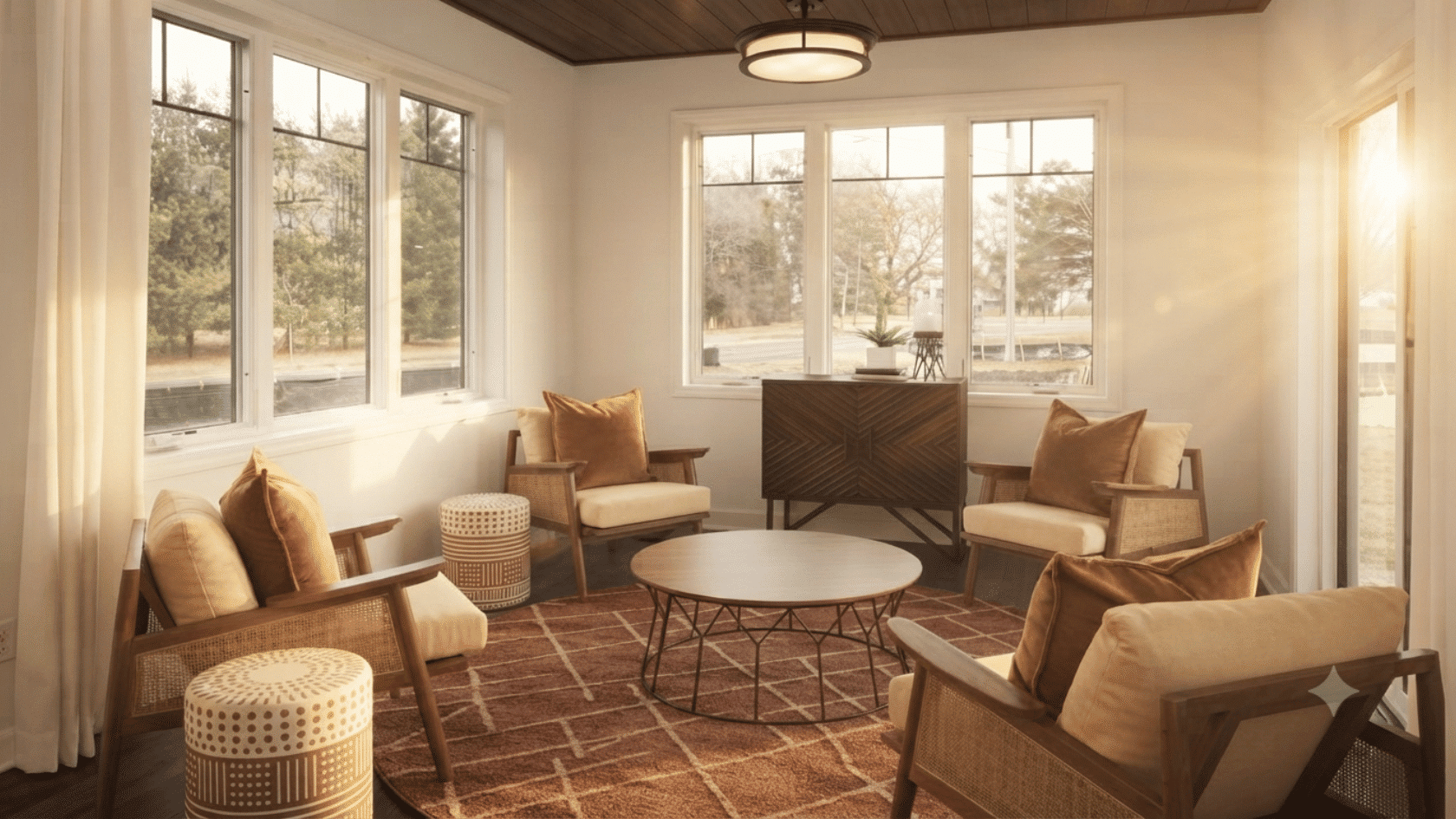 Bright morning room with large windows, comfortable chairs, round table, rug, and natural light creating a welcoming space