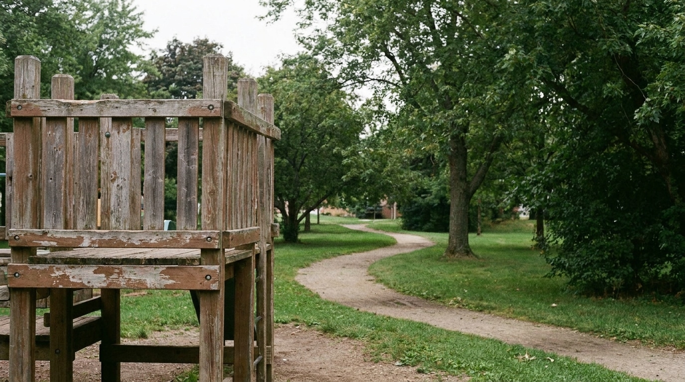 Wooden playground structure beside winding path in lush green park setting