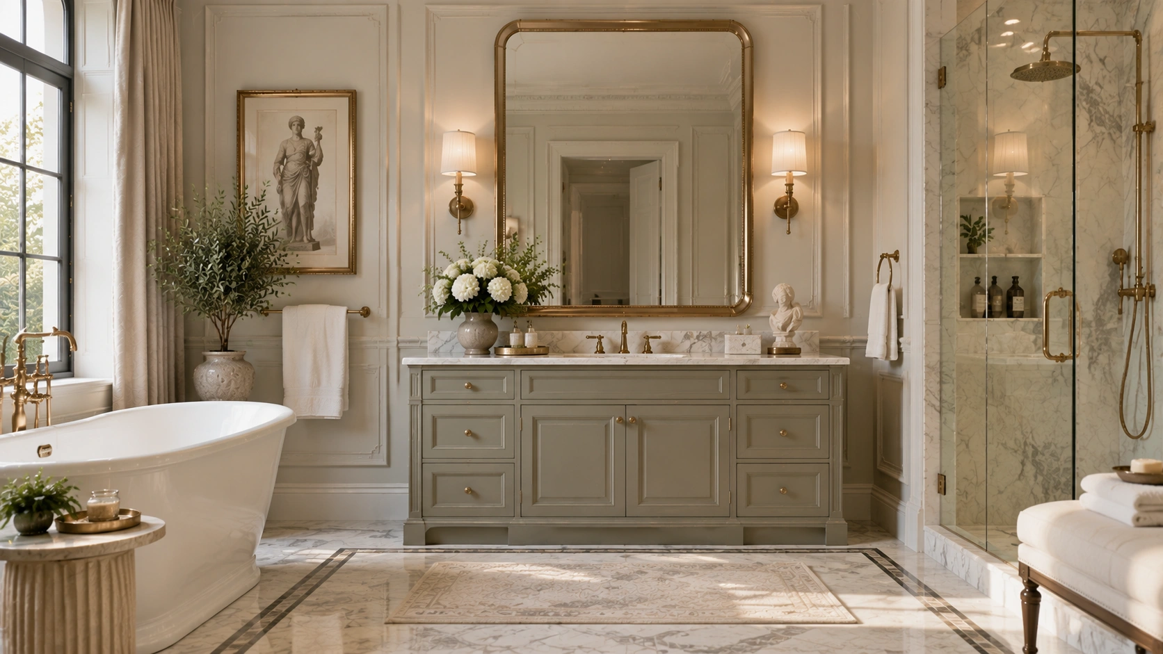 Neoclassical bathroom with marble surfaces, framed vanity, brass fixtures, wall sconces, large mirror, and elegant details.