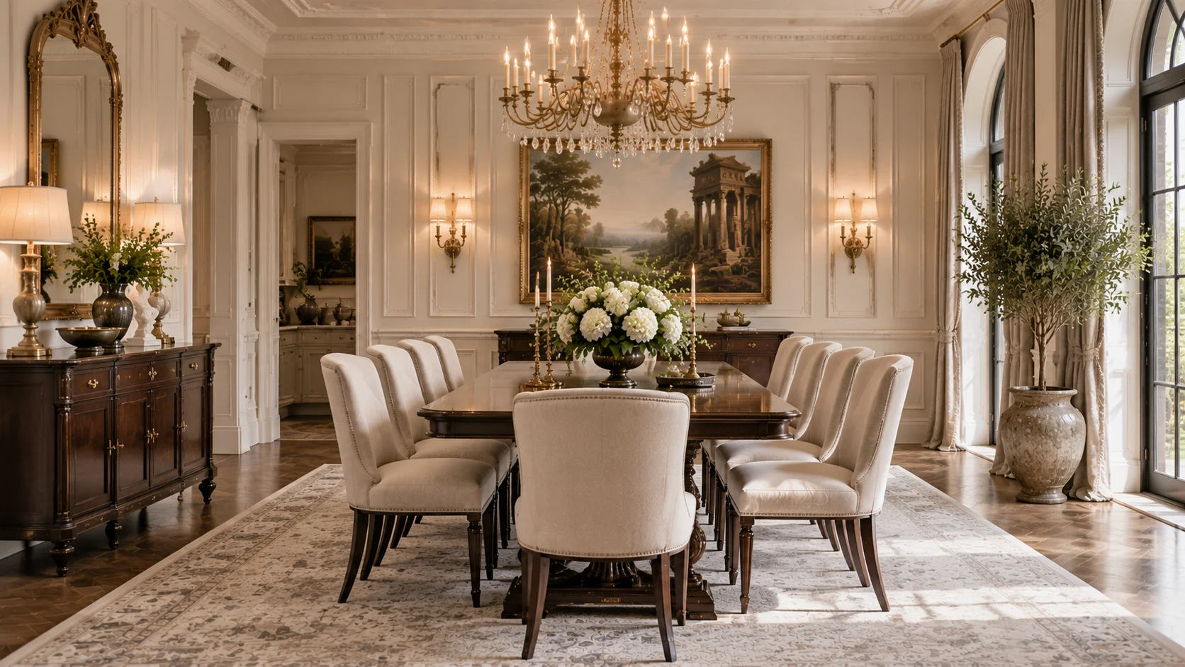 Neoclassical bedroom with upholstered bed, wall molding, matching nightstands, soft bedding, sconces, and refined decor.