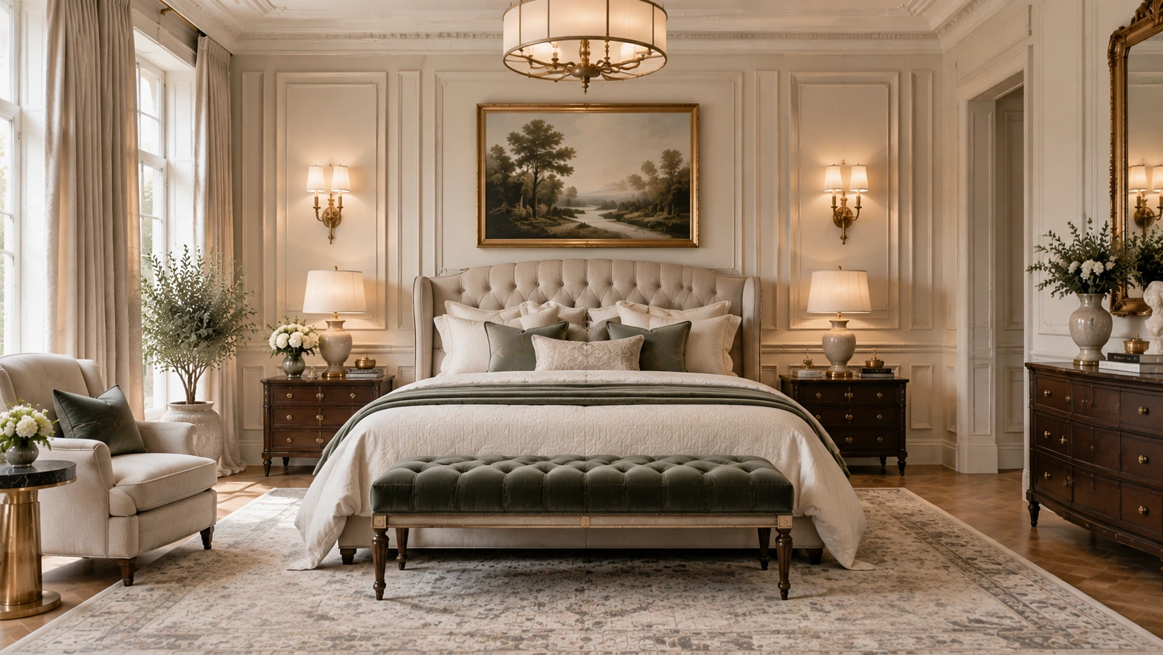 Neoclassical bedroom with upholstered bed, wall molding, matching nightstands, soft bedding, sconces, and refined decor.