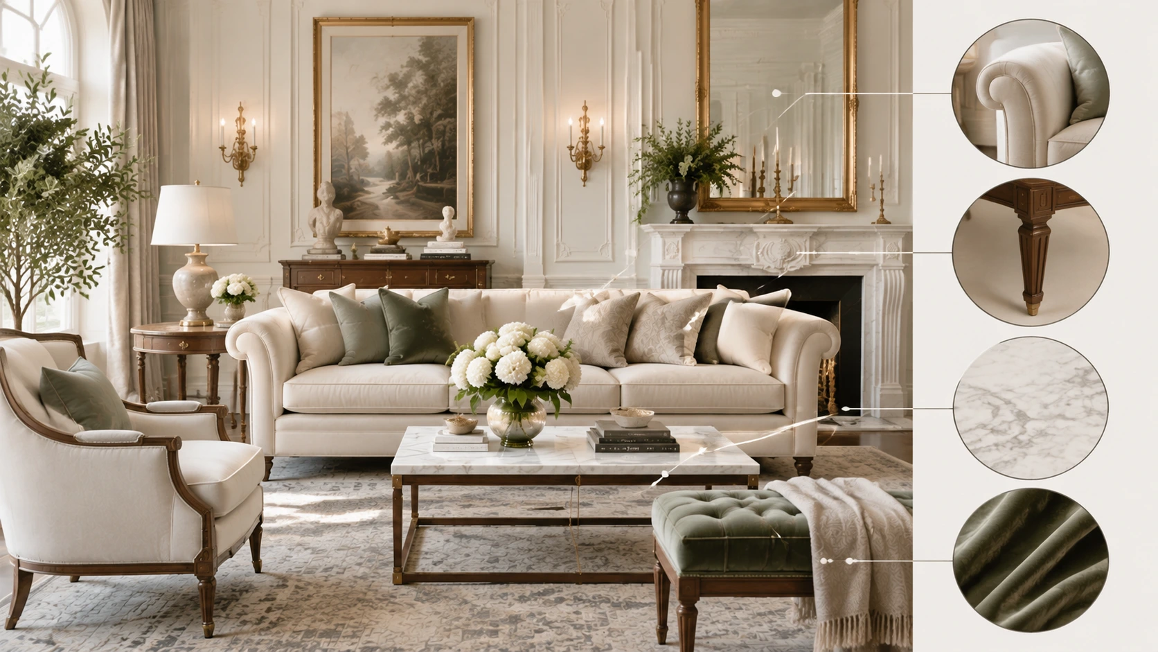 Neoclassical living room featuring classic furniture silhouettes, marble table, wood details, brass accents, and refined upholstery textures.