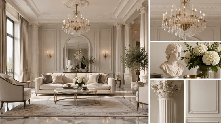 Neoclassical interior design living room with classical columns, marble fireplace, chandelier, elegant furniture, and refined decor details
