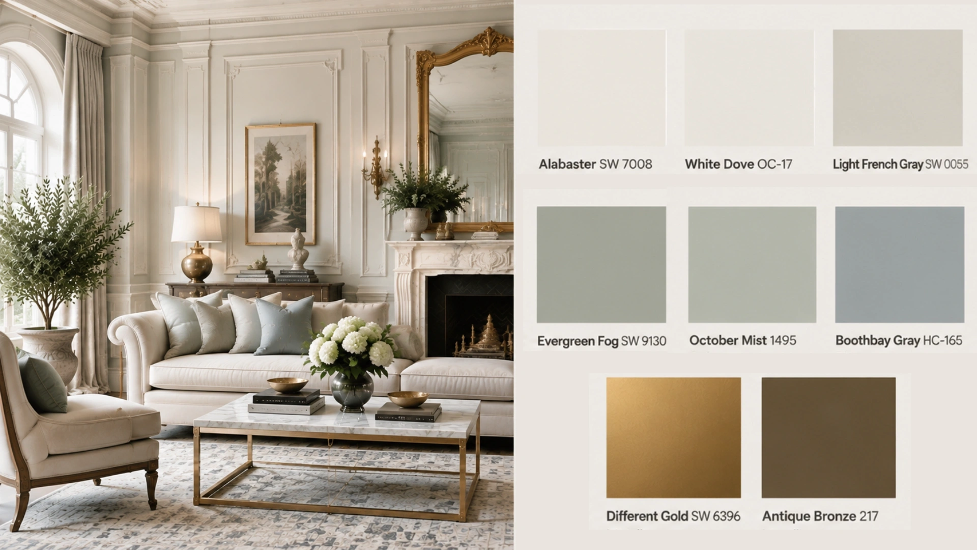 Neoclassical living room with elegant color palette swatches featuring Alabaster, White Dove, sage green, blue-gray, gold, and bronze tones