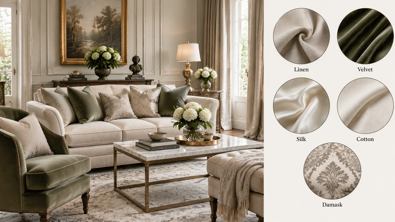 Neoclassical living room showcasing linen, velvet, silk, cotton, and damask fabrics in refined upholstery, curtains, and cushions.