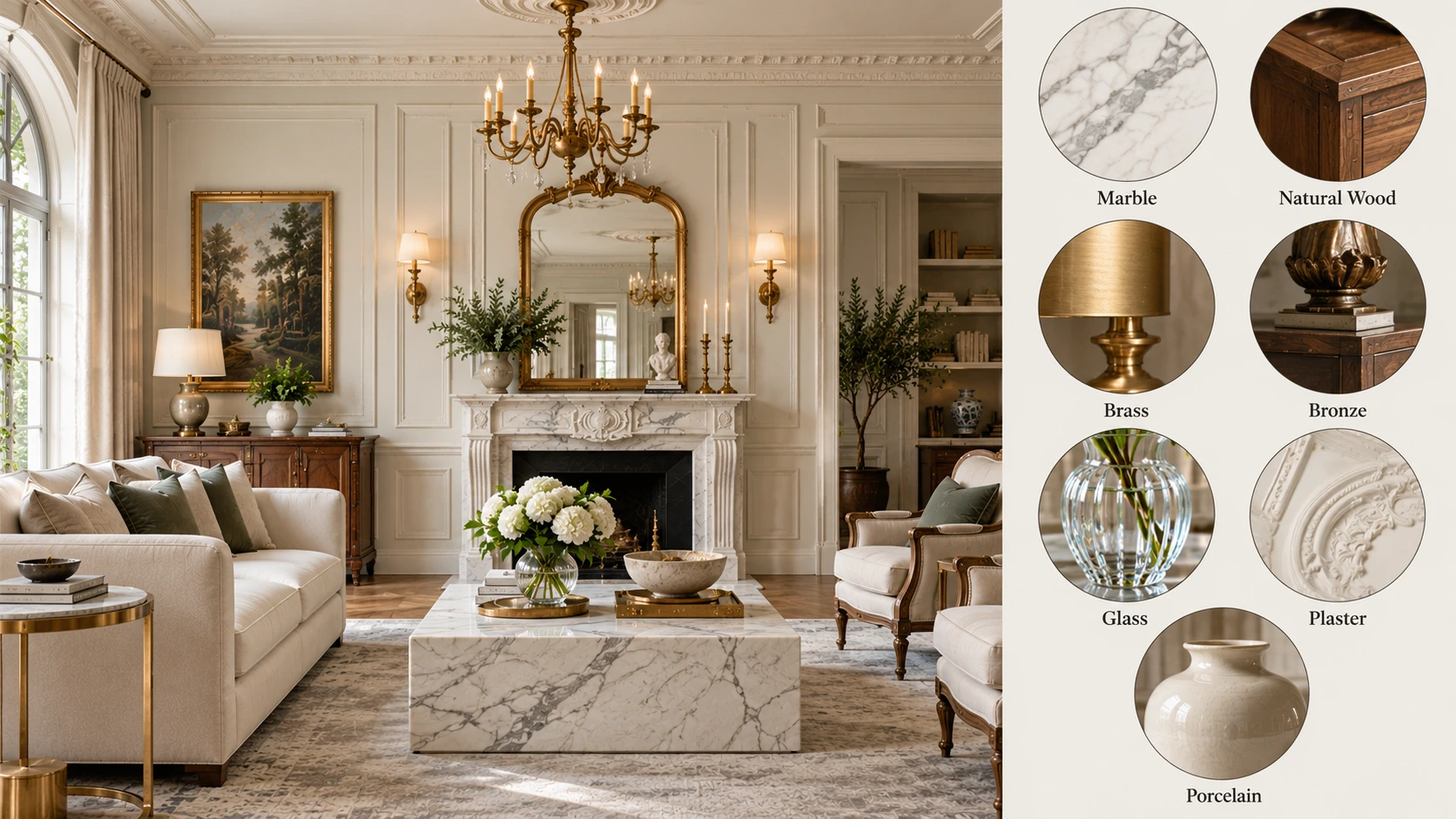 Neoclassical living room showcasing marble, natural wood, brass, bronze, glass, plaster, and porcelain materials.