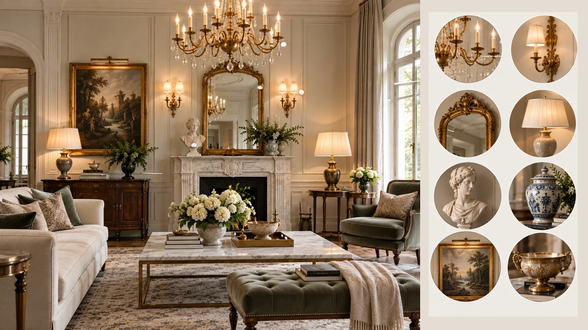 Neoclassical living room with chandelier, wall sconces, gilded mirror, classical artwork, busts, ceramics, and refined decorative pieces