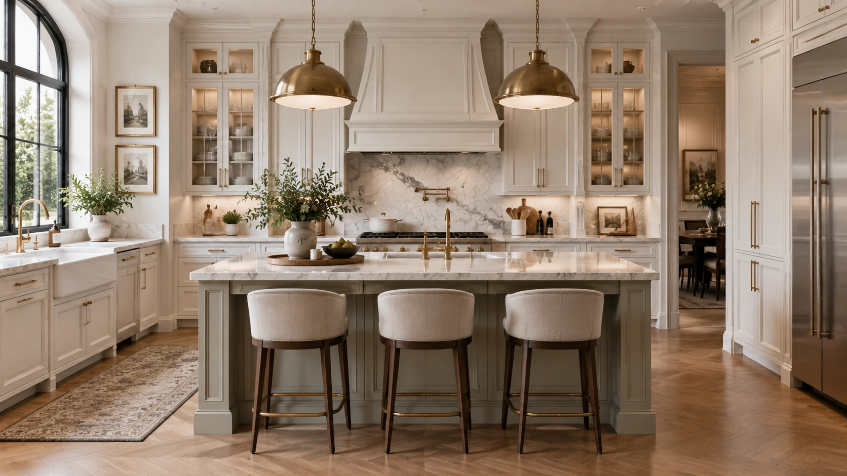 Elegant neoclassical living room with paneled walls, marble fireplace, chandelier, neutral sofa, armchairs, and classic decor