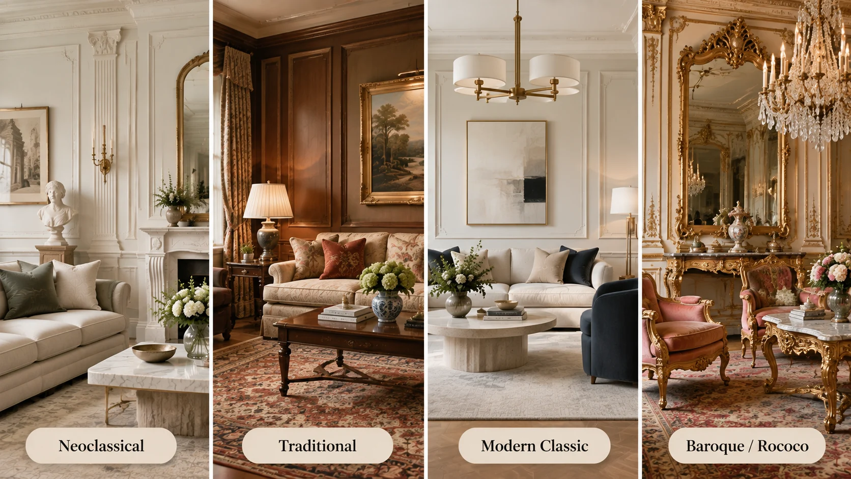 Comparison of neoclassical, traditional, modern classic, and baroque interior styles showing differences in furniture, symmetry, ornament, and color