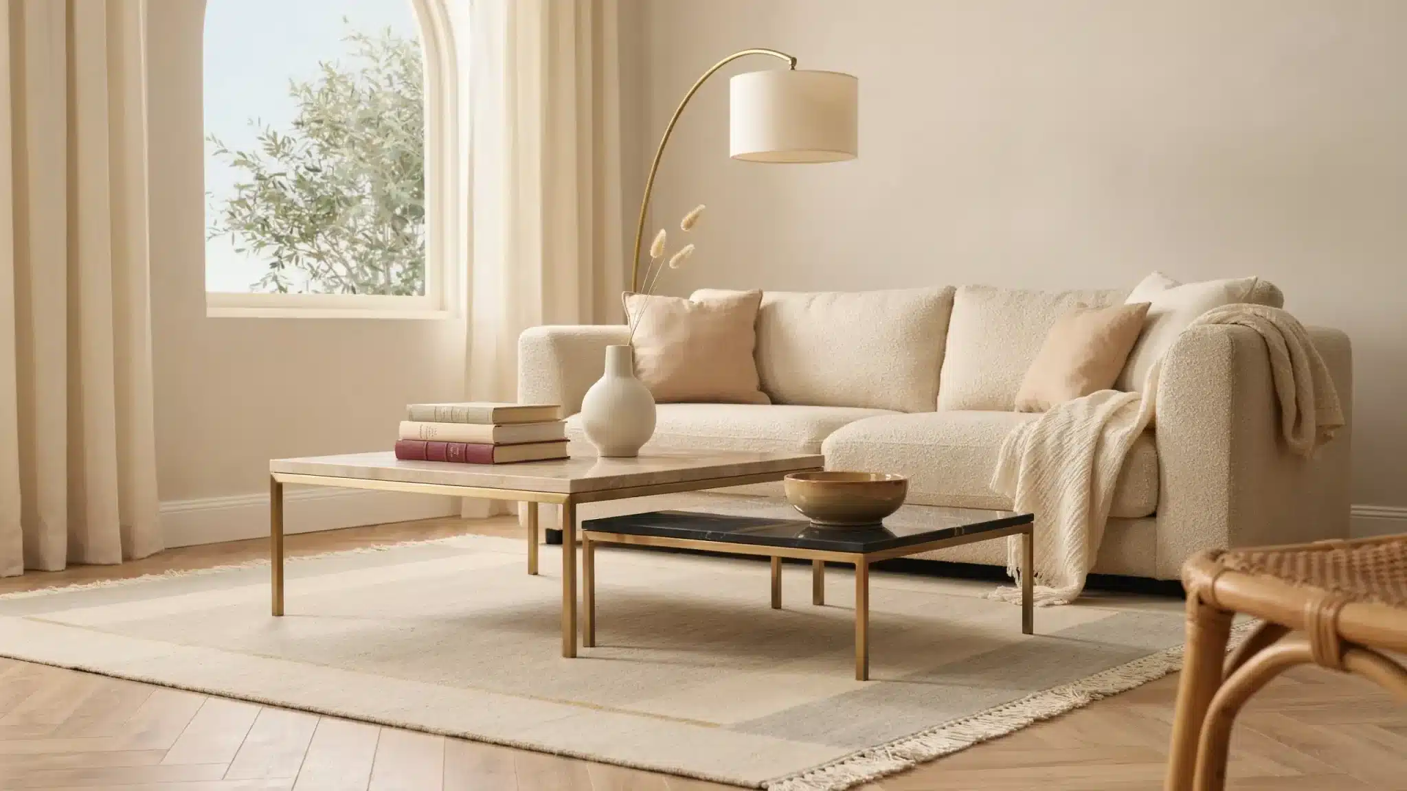 Nesting coffee tables styled with stacked books, ceramic vases, and a bowl in a neutral living room