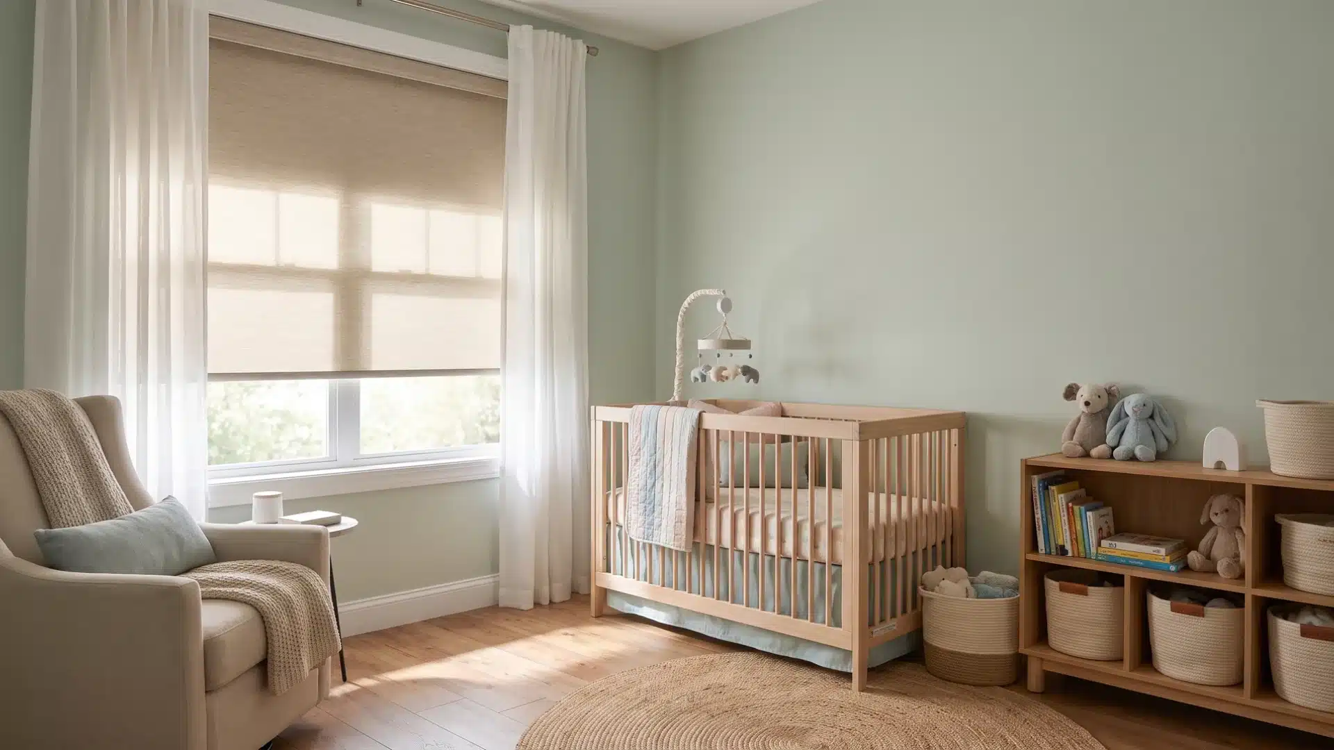 Nursery with south-facing window, blackout shades, and crib away from sunlight.