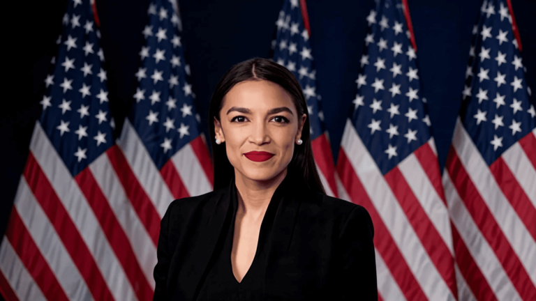 Alexandria Ocasio-Cortez smiles in black blazer, standing before multiple American flags in formal portrait.