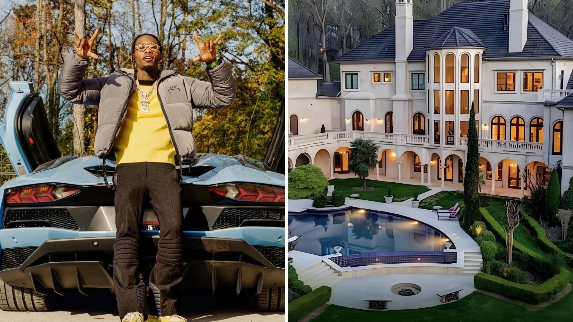 Offset standing near luxury cars and a mansion representing his lifestyle and assets.
