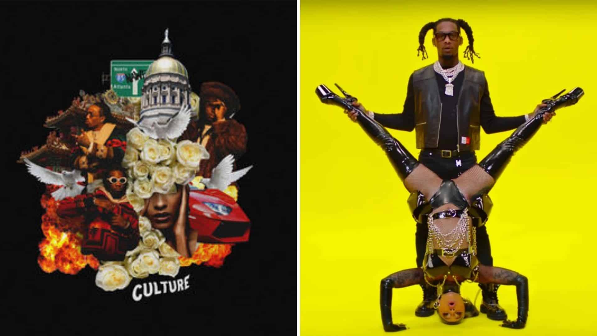 Split collage featuring Migos Culture and Offset-inspired album artwork in contrasting black and yellow designs.