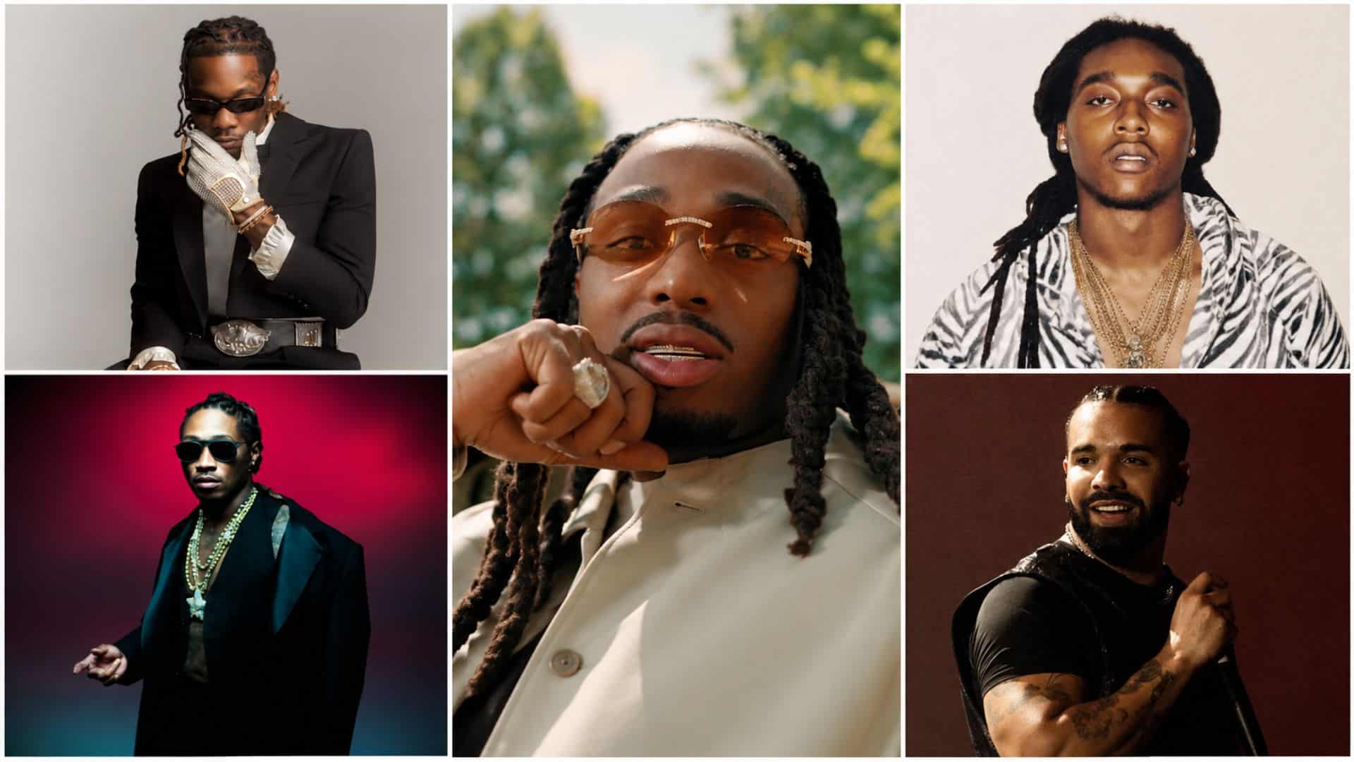 Five-panel rapper collage featuring male hip-hop artists in varied fashion looks and portrait settings.