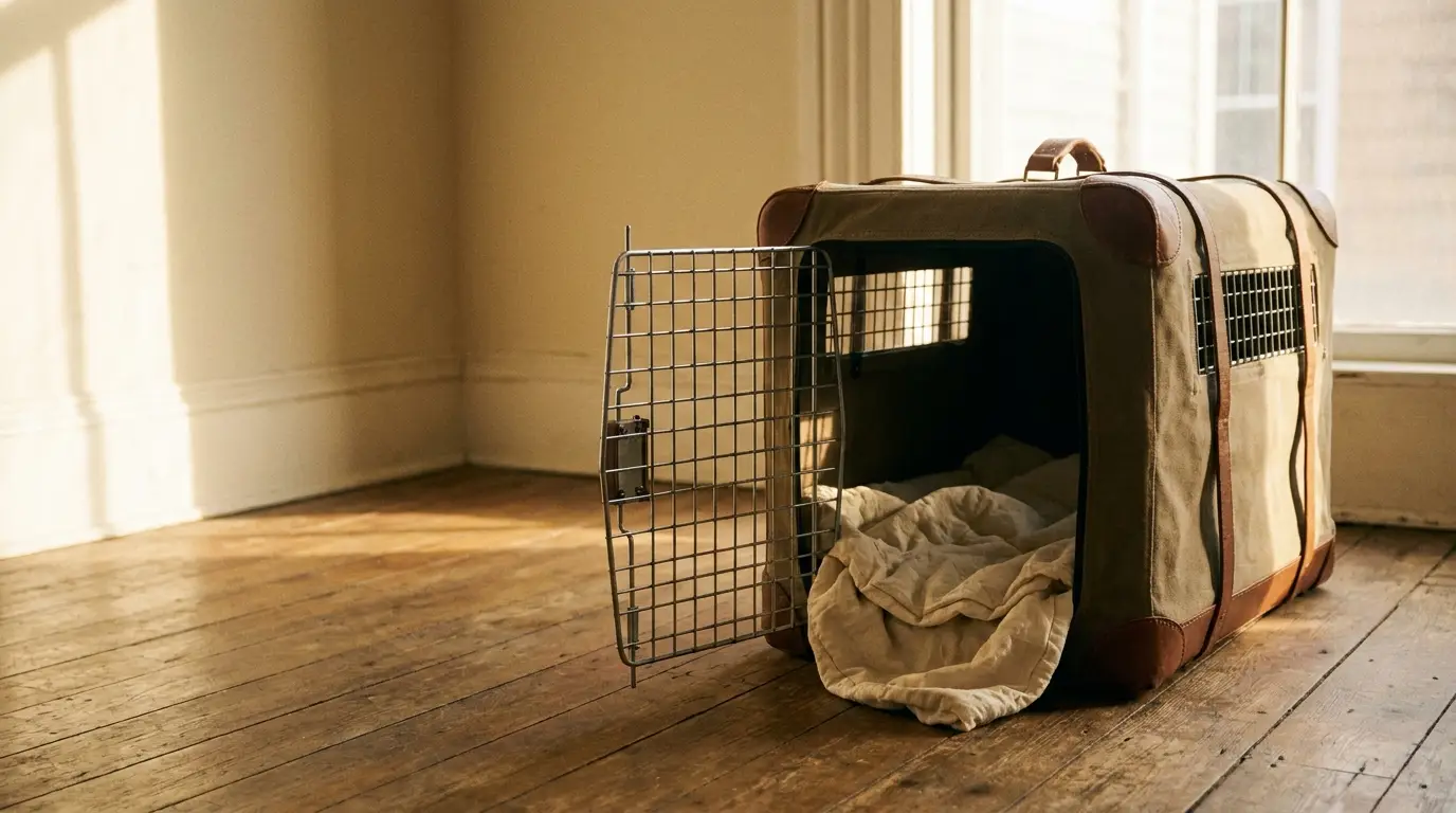 Canvas dog crate with open door and bedding on wooden floor in sunlit room