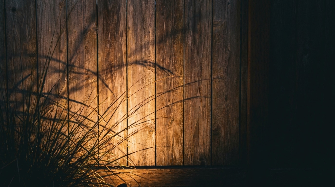 Grass casting shadows on wooden fence under warm light in outdoor setting