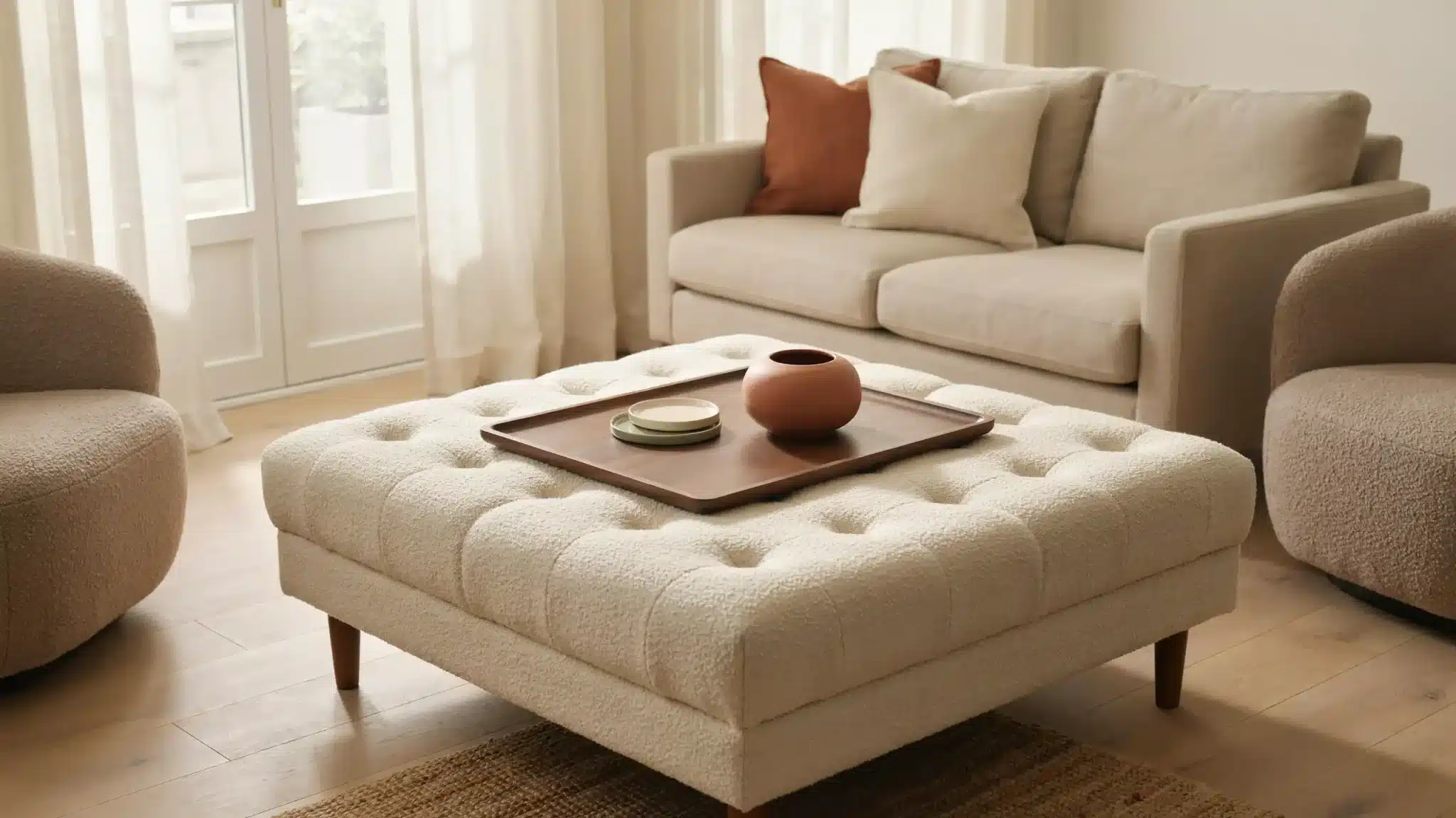 Tufted ottoman used as a coffee table with a wooden tray, vase, and coasters in a neutral living room.