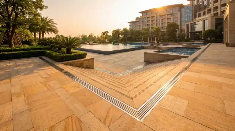 Luxurious hotel pool area with palm trees and sunlit terracotta tiles at sunset