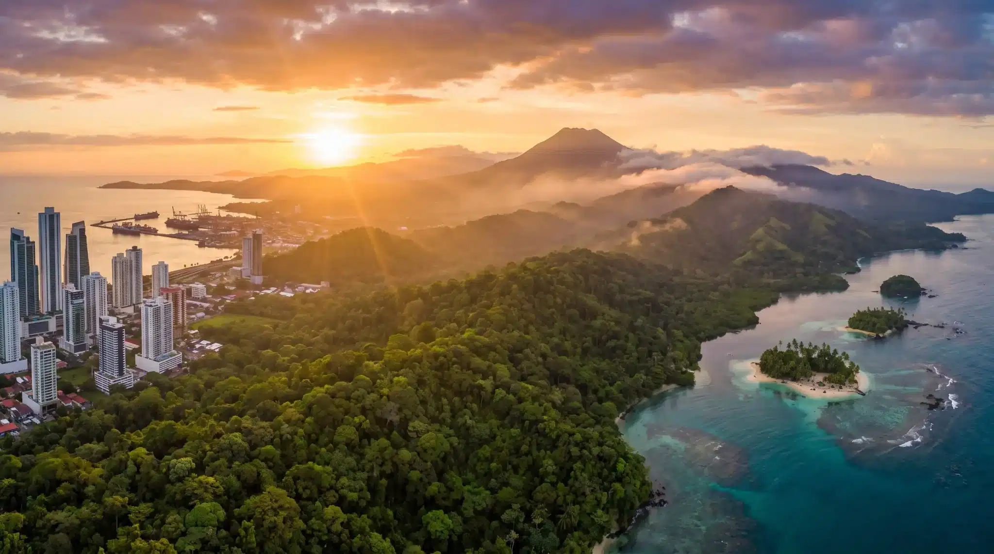 Sunset over coastal city with skyscrapers, lush green forest, and distant mountains by the sea
