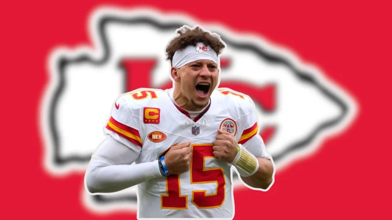 Patrick Mahomes poses in front of a Kansas City Chiefs flag.