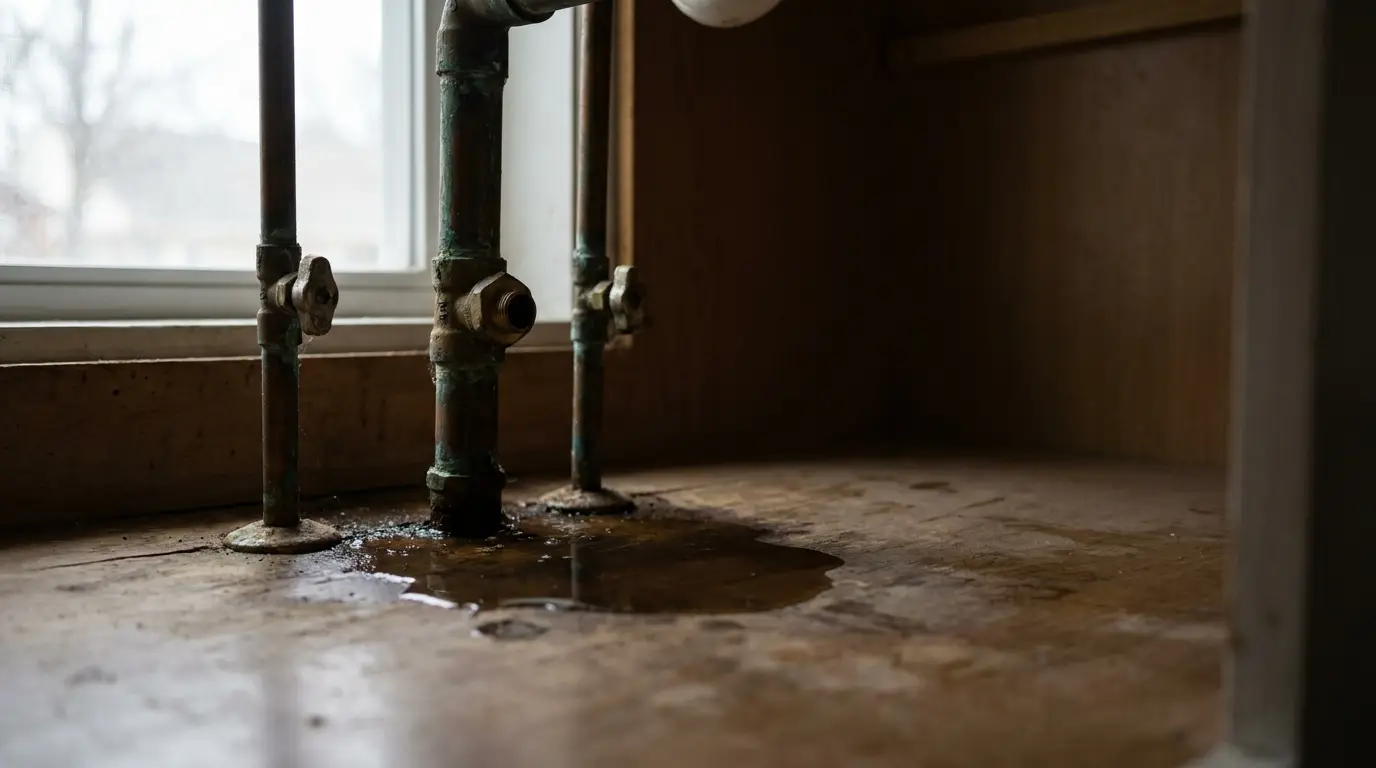 Water leaking from corroded pipes under wooden kitchen cabinet in dim lighting