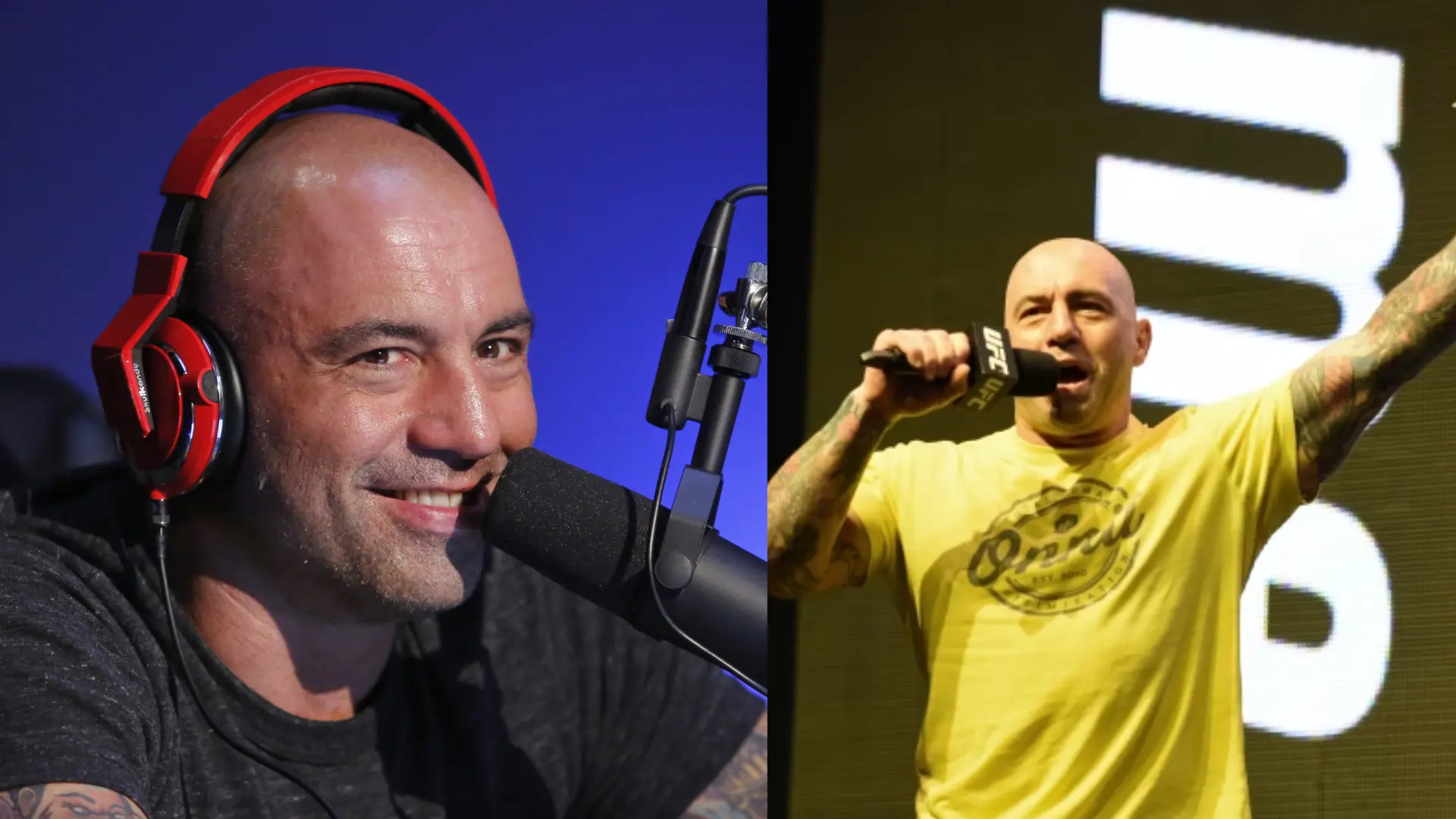 Joe Rogan wearing headphones at a podcast microphone and speaking into a UFC microphone at a live event.