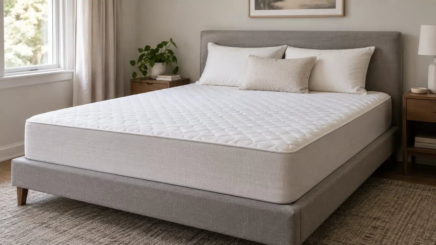 Polyfoam mattress on a modern bed with a clean white surface, neutral bedroom decor, and soft natural light