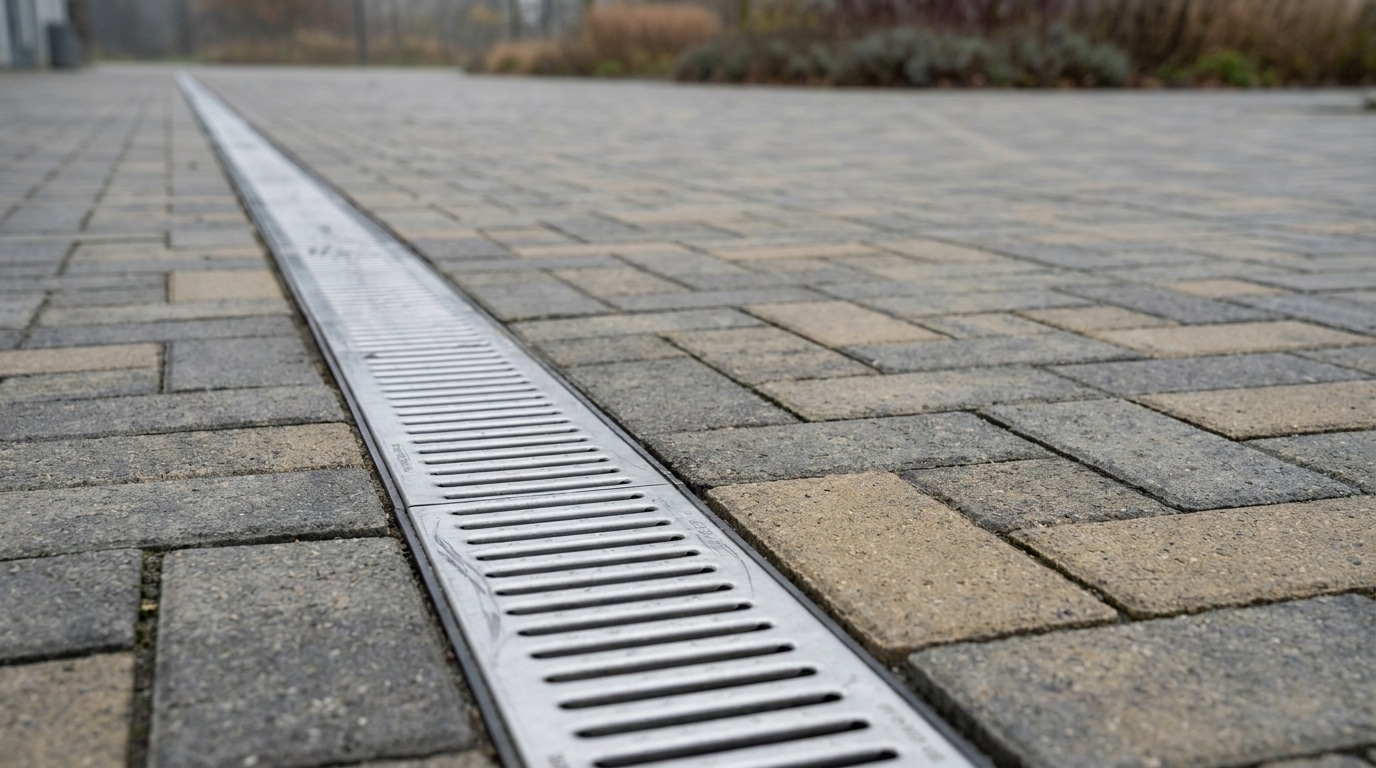 Metal drainage grate along stone paved walkway in outdoor setting