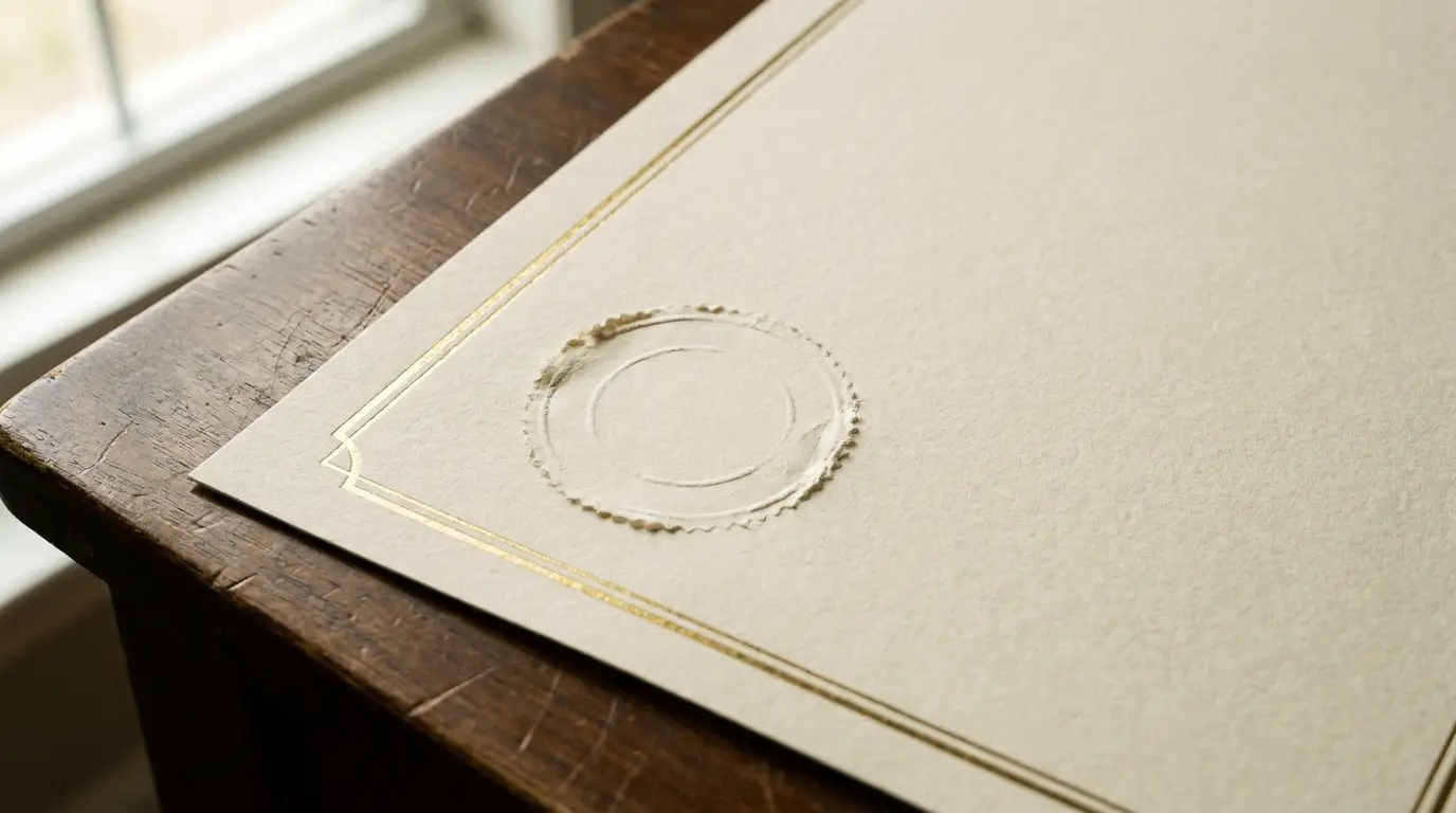 Embossed paper with gold trim and wax seal on wooden table