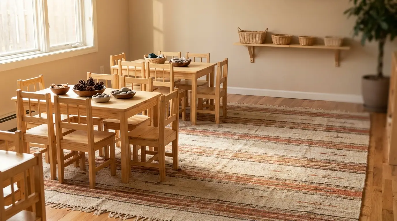 Wooden tables and chairs with natural decor in a sunlit classroom setting