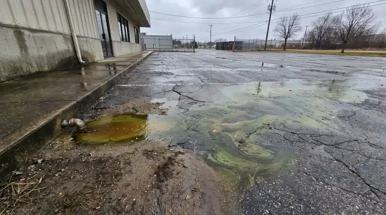 Oily green spill and puddles on cracked asphalt in industrial parking lot under cloudy sky