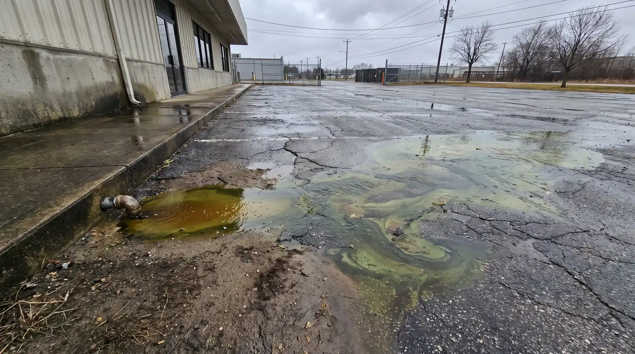 Oily green spill and puddles on cracked asphalt in industrial parking lot under cloudy sky