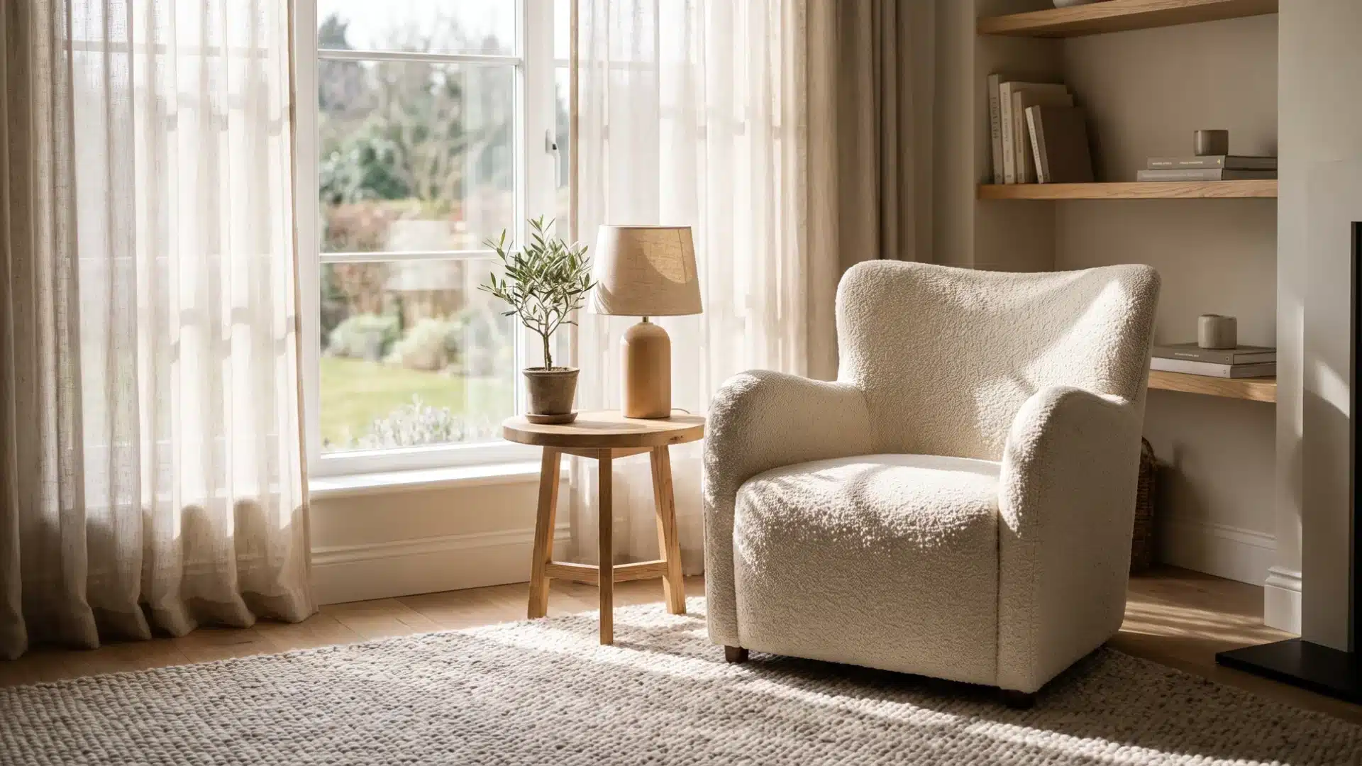 Cozy reading nook with south-facing window and sheer curtains softening sunlight.