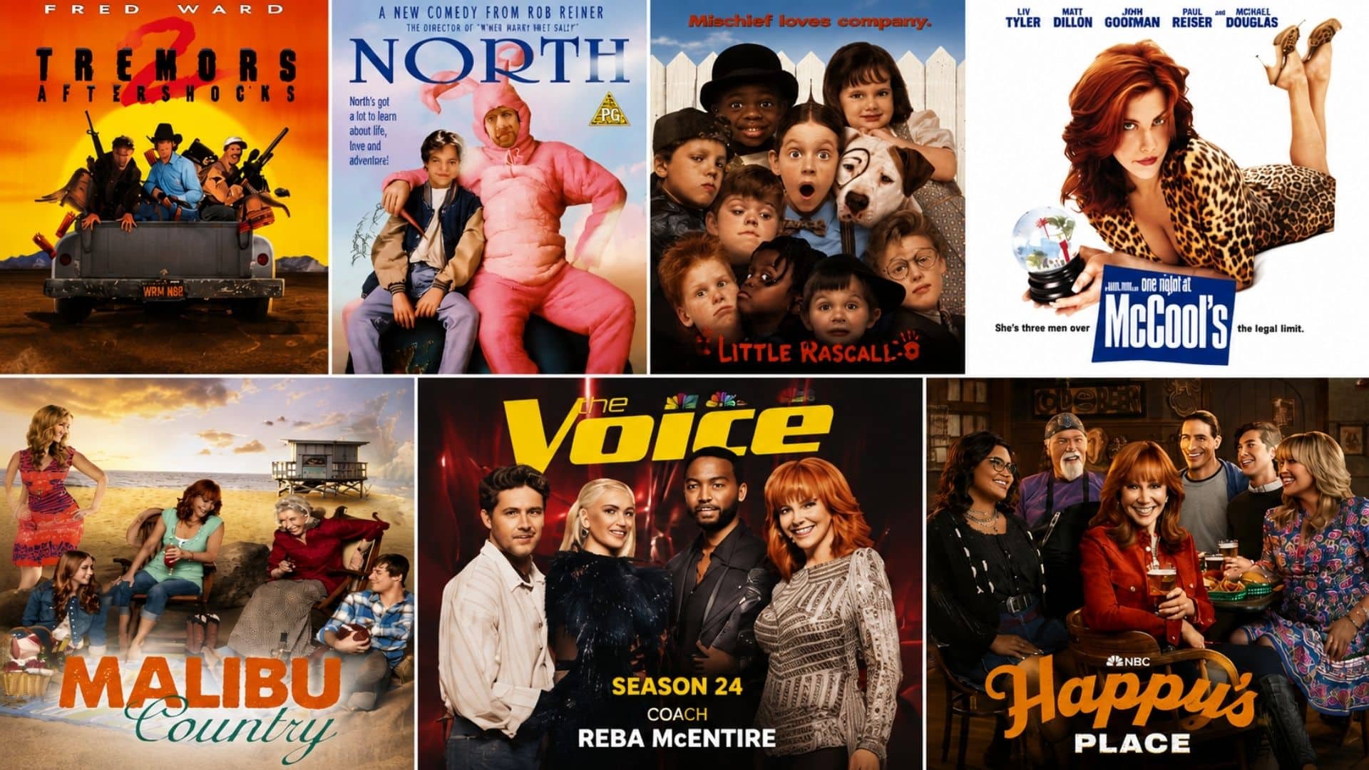 Collage showing Reba McEntire across various acting and television roles, including Tremors and Happy's Place