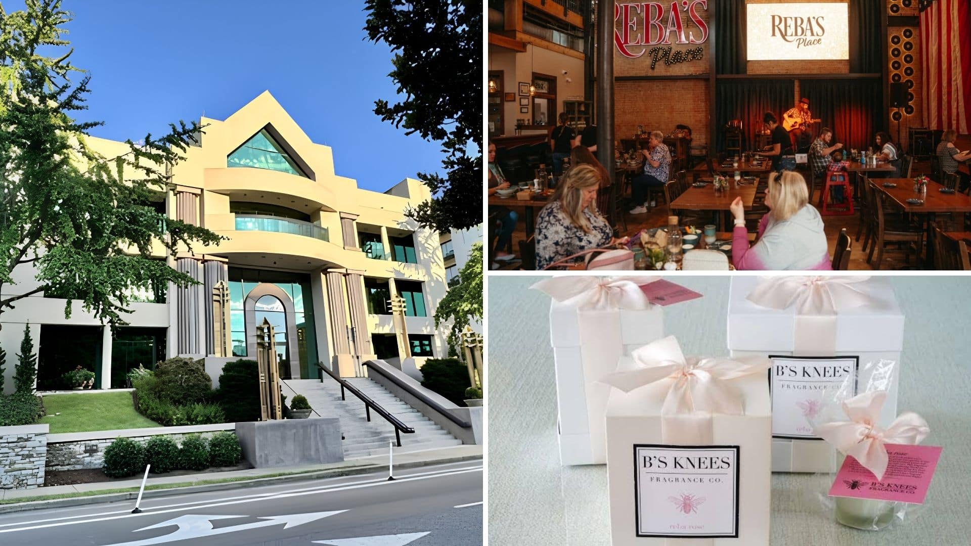 Graphics representing Reba McEntire's business ventures, including Starstruck Entertainment, Reba's Place restaurant, and perfume branding