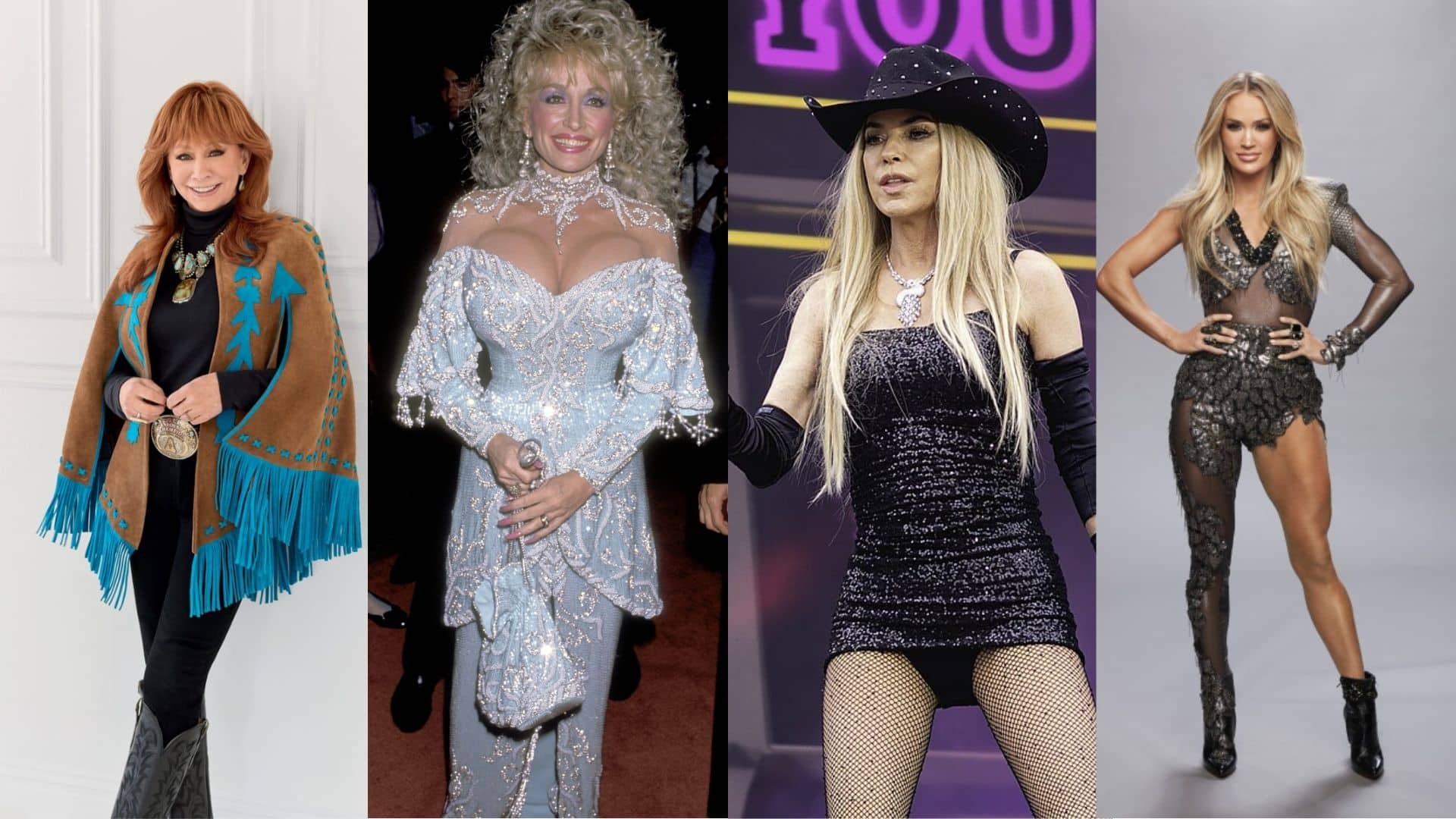 Photos of Reba McEntire, Dolly Parton, Lainey Wilson, and Carrie Underwood showcasing country music styles