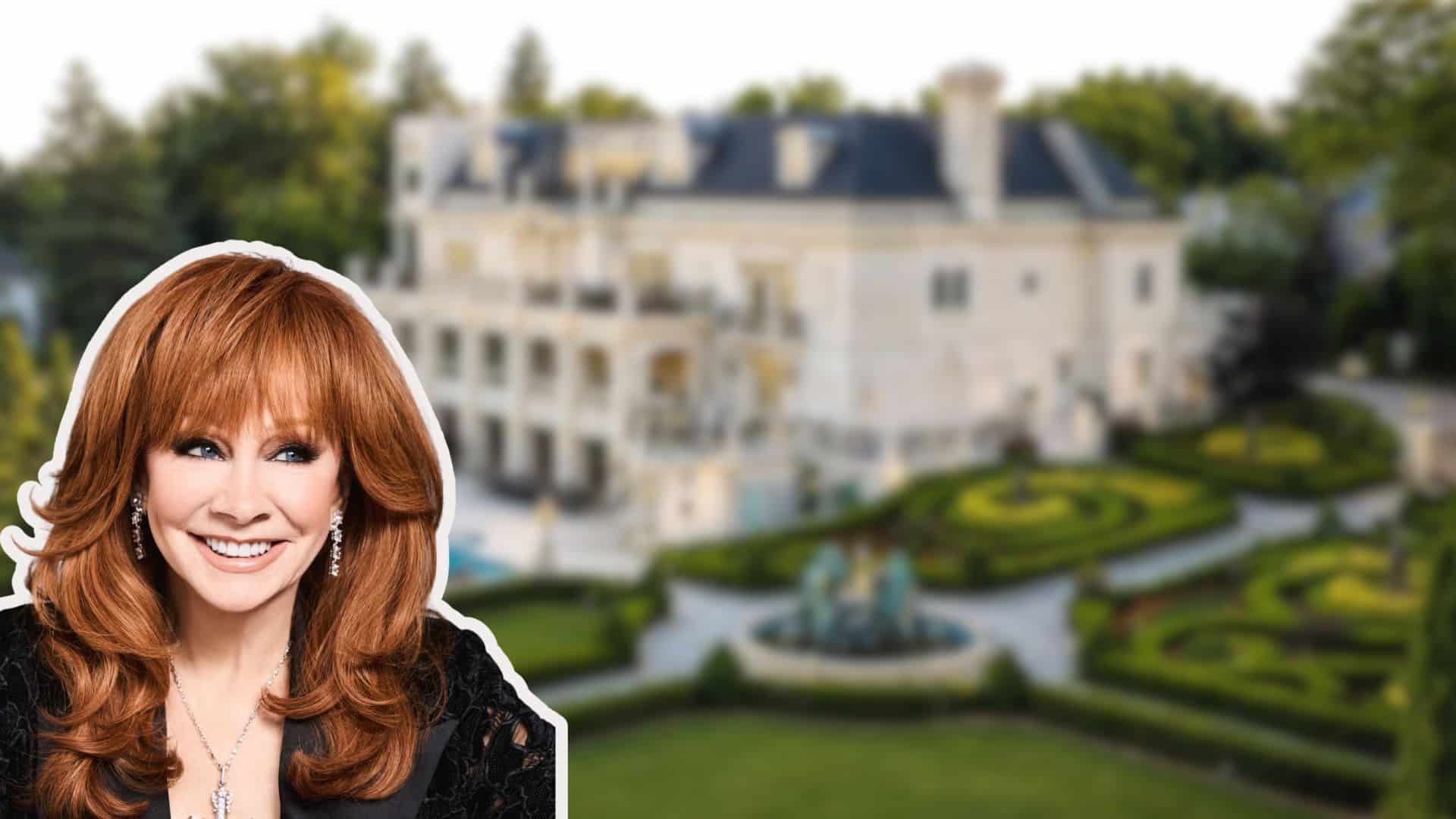Reba McEntire portrait with a luxury estate background representing her net worth and real estate assets.